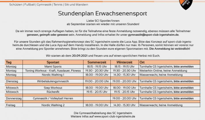 Stundenplan Erwachsenensport September 2021