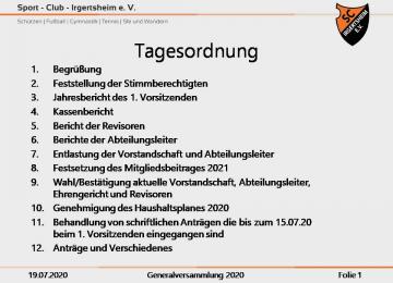 Generalversammlung am 19.07.2020 um 19:00 Uhr