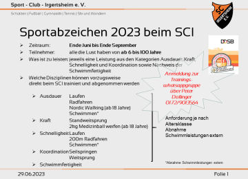 Anmeldung zur Whatsappgruppe über Peter Dollinger 0172/9013564 Sportabzeichen 2023 SCI